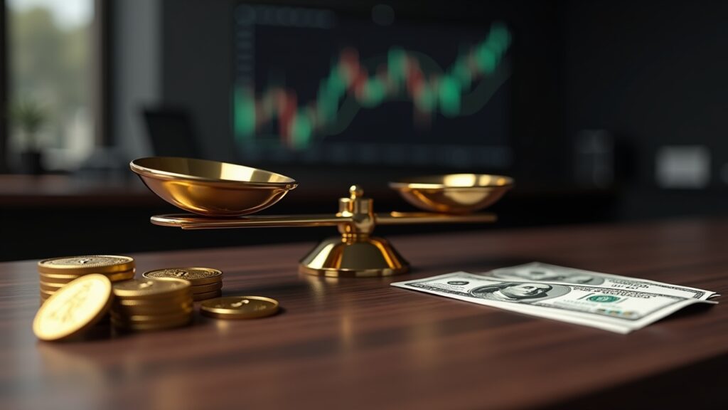 Balance scale with stocks and bonds representing portfolio balance