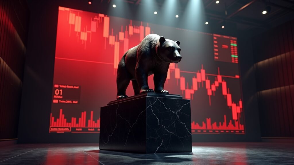 Bear statue with declining market chart background