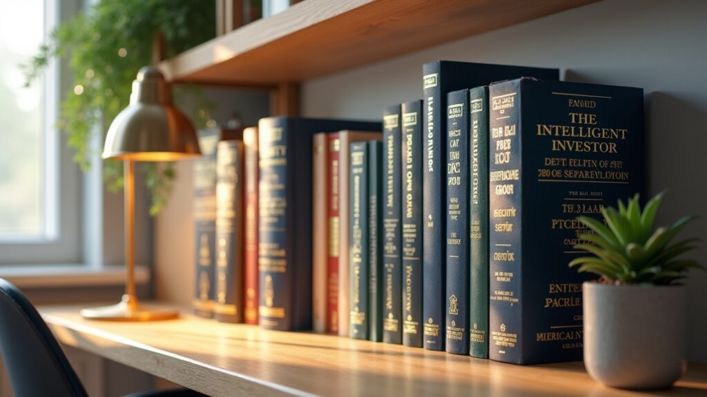 Bookshelf organized with investing and finance books