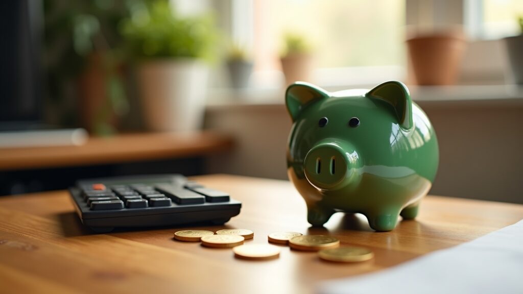 Calculator next to piggy bank with coins