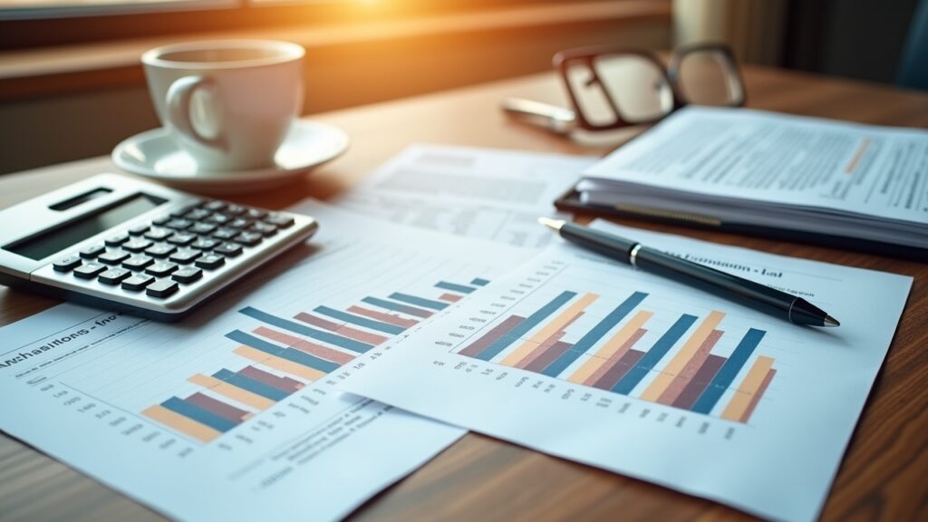 Calculator with tax forms and investment documents
