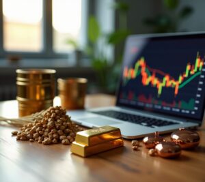 Gold bars next to oil barrels and wheat