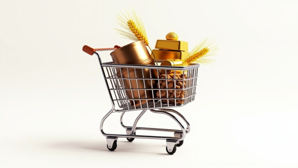 Shopping cart with various commodity symbols