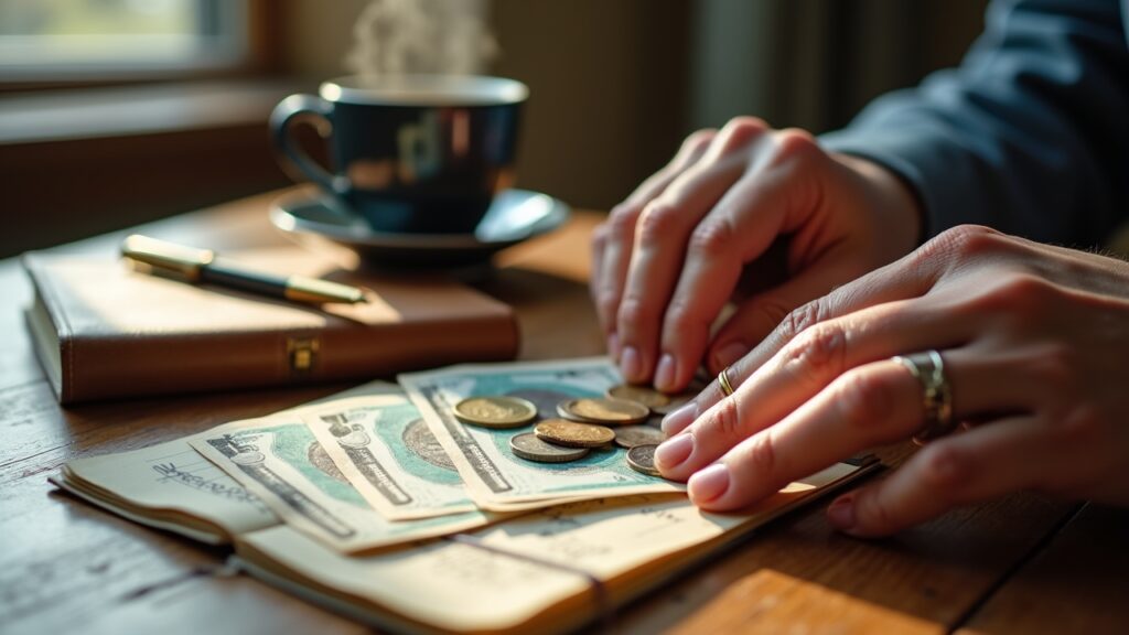 Person counting small bills and coins on desk