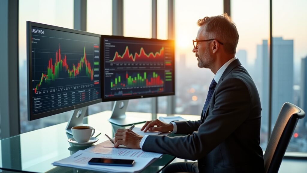 Fund manager reviewing investment portfolio on computer