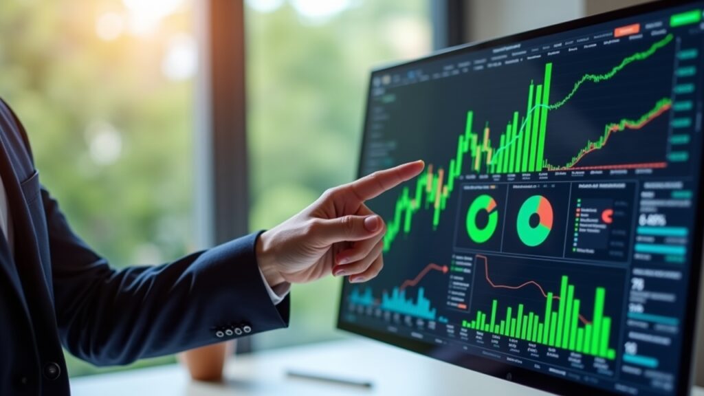 Person pointing at computer screen with fund performance data