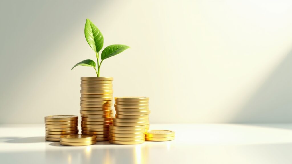Stack of coins growing with plant sprouting from top