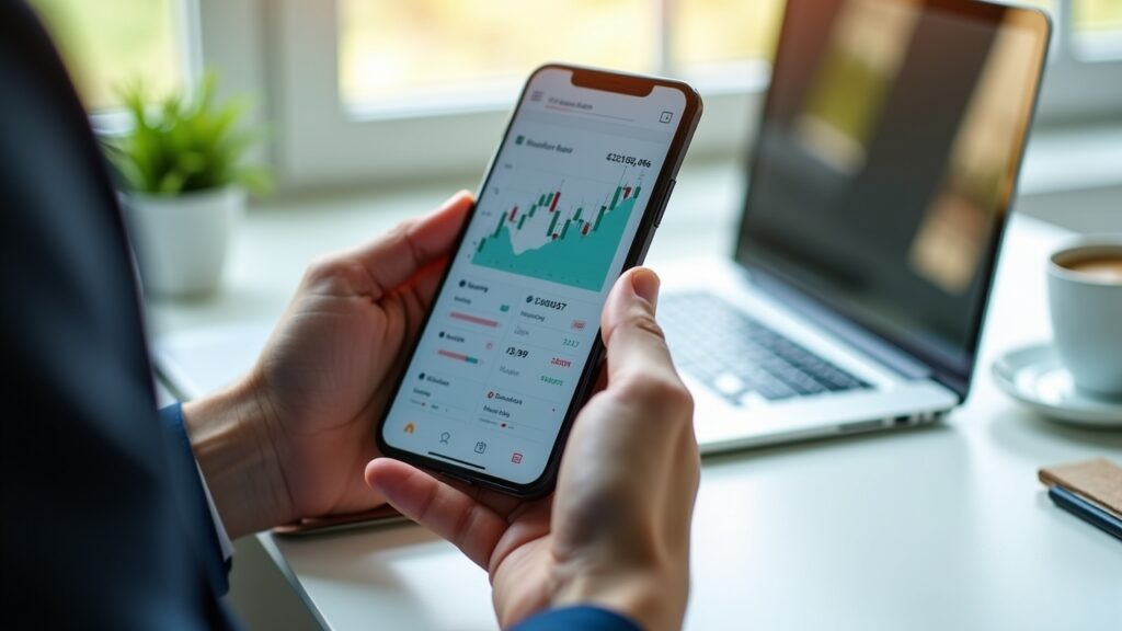 Hands holding smartphone showing investment app interface