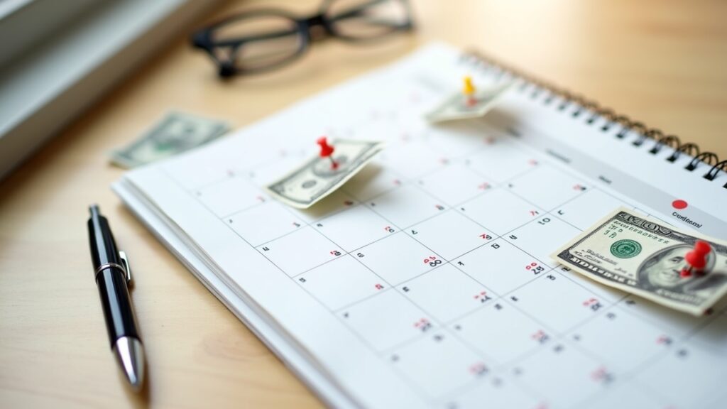 Calendar with dollar bills marked on specific dates