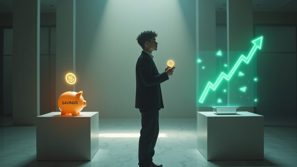 Person deciding between putting money in savings or stocks