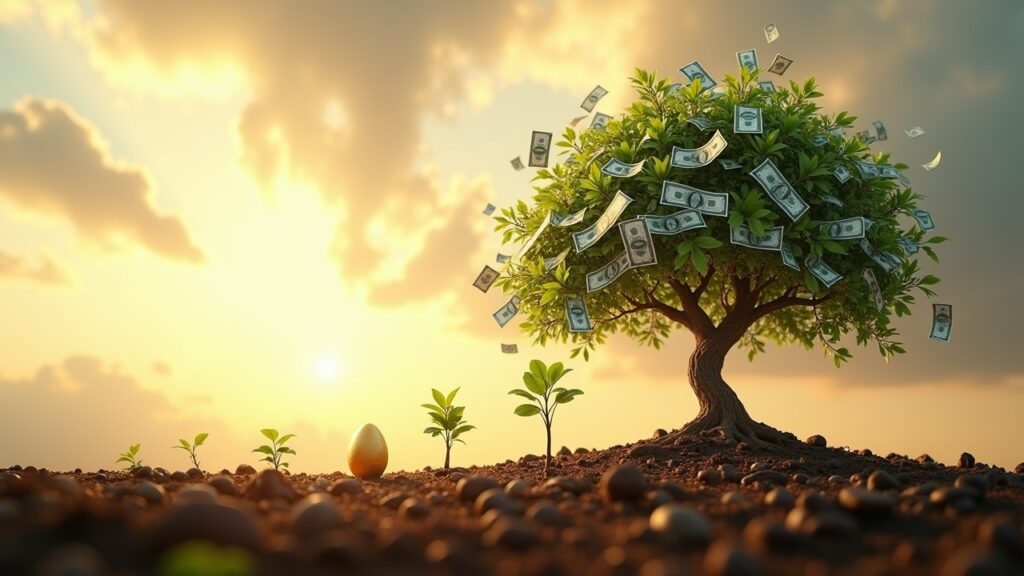 Money tree with dollar bills as leaves growing over time