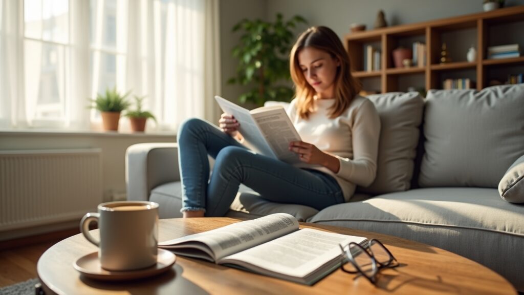 Person reading newsletter on coffee table