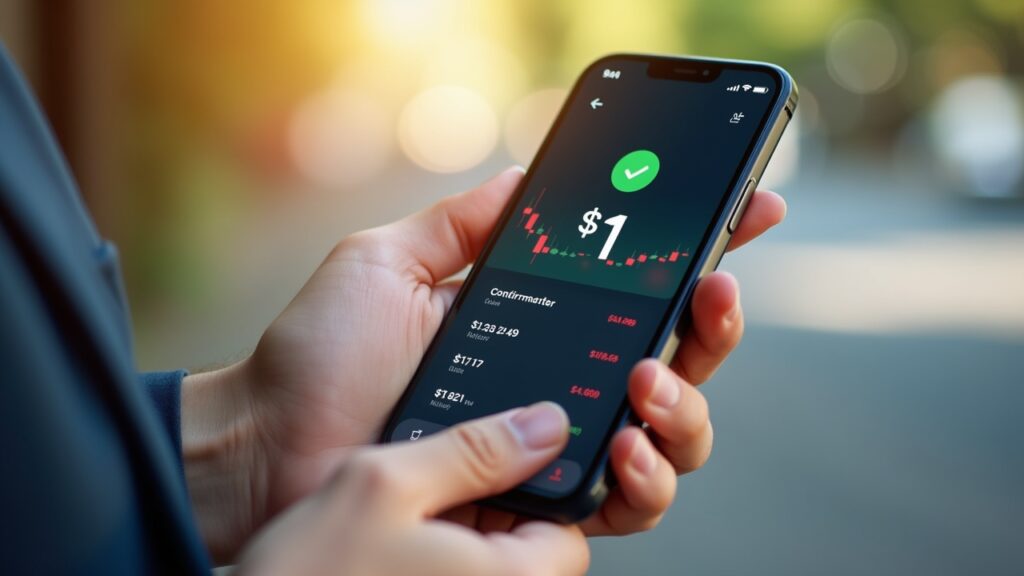 Smartphone showing $1 stock purchase on trading app