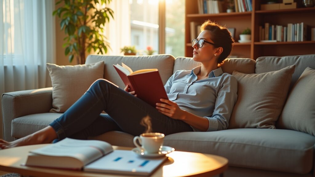 Person reading investment book in comfortable setting