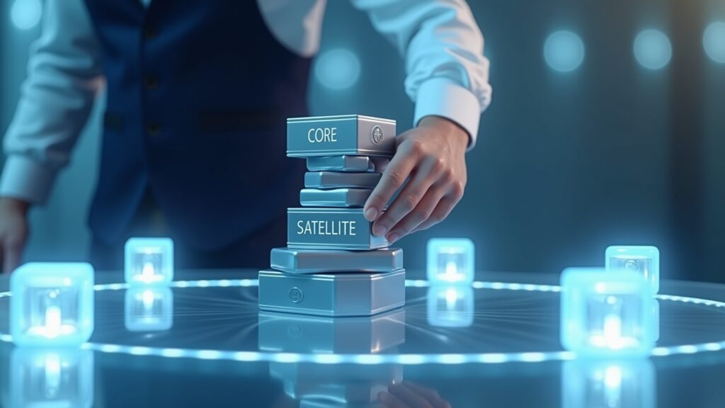 Person building portfolio with core and satellite blocks