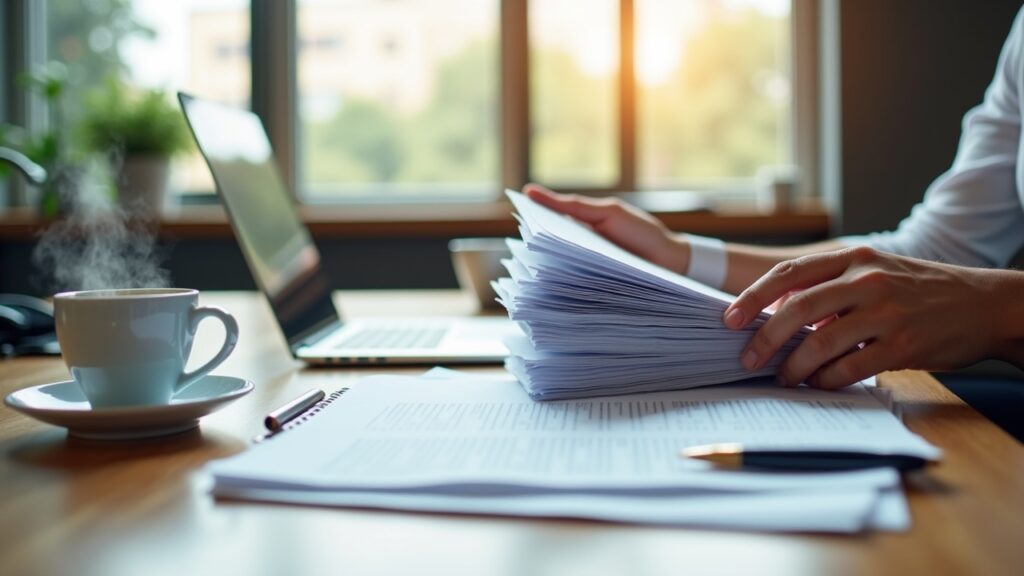 Person organizing investment portfolio documents by age