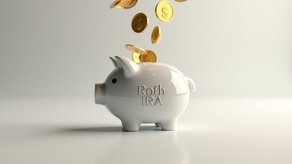 Piggy bank labeled "Roth IRA" with coins going in