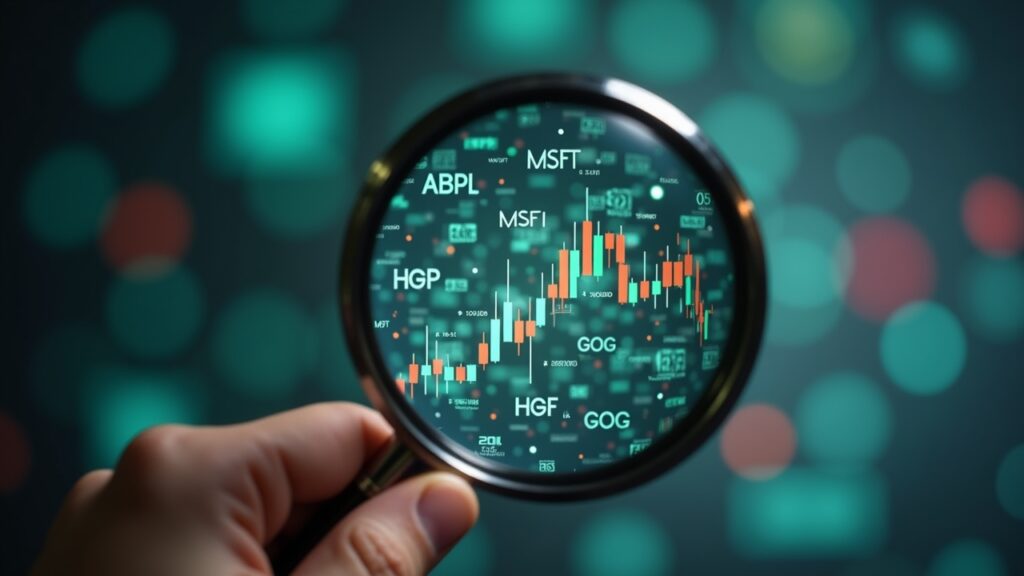 Magnifying glass filtering through stock symbols
