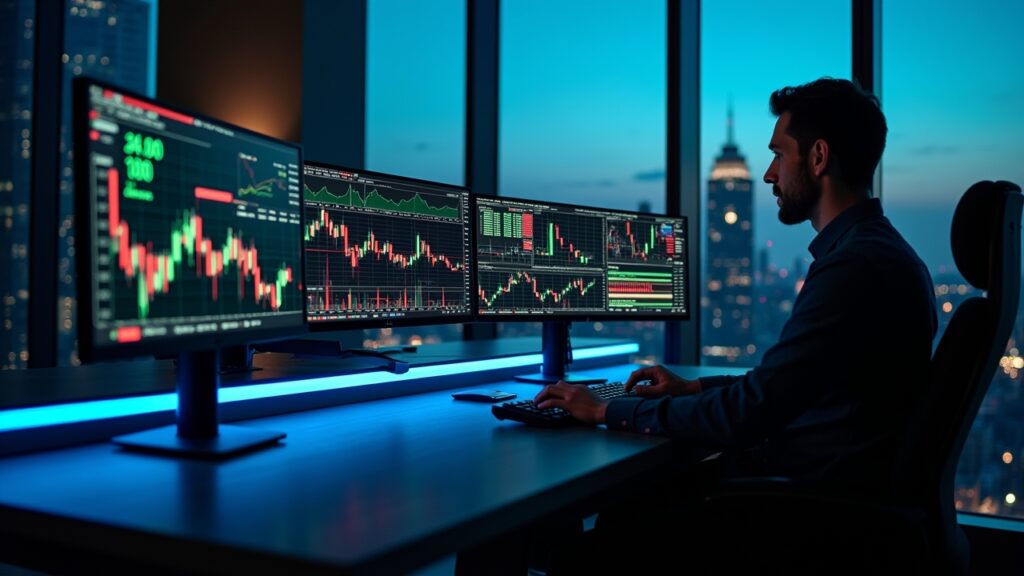 Multiple computer monitors showing stock charts and data