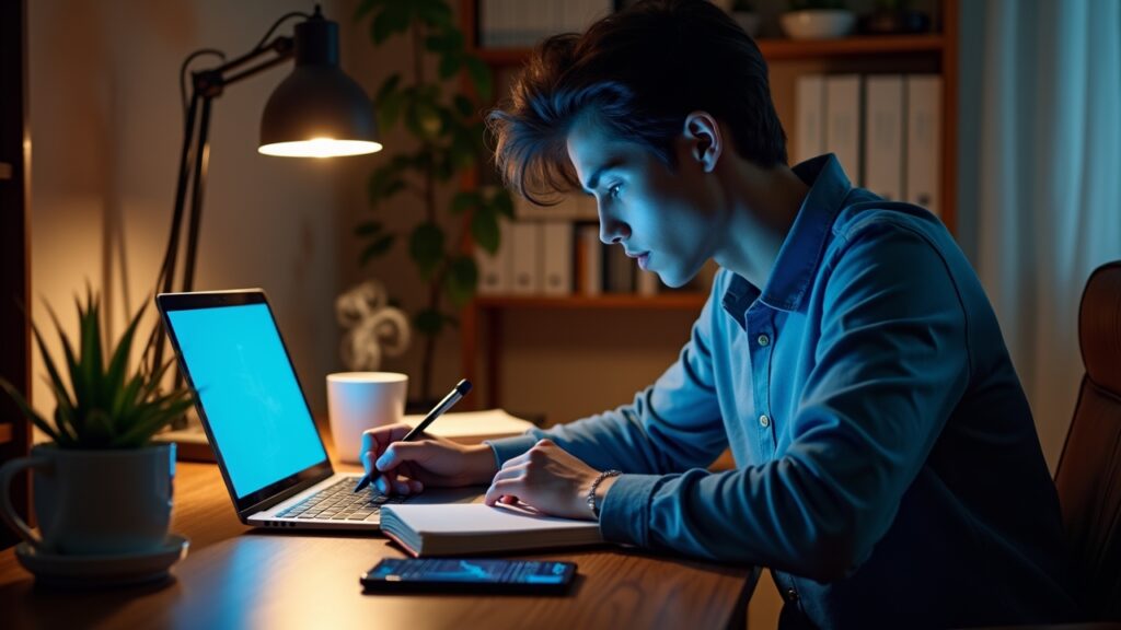 Student taking notes while watching investment course