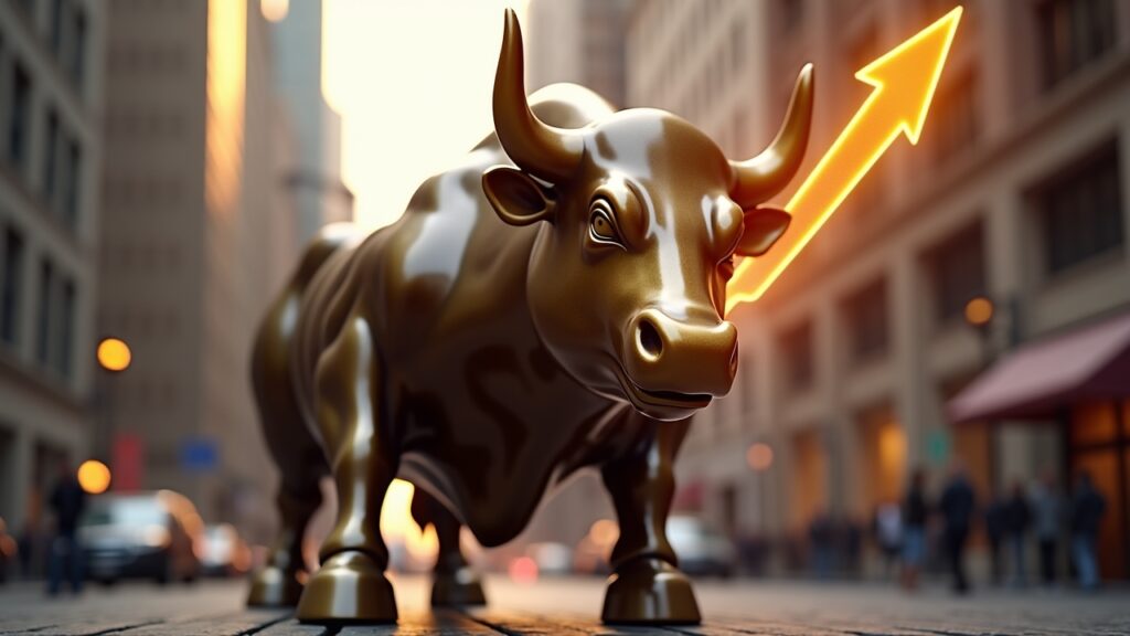 Wall Street bull statue with rising arrow overlay