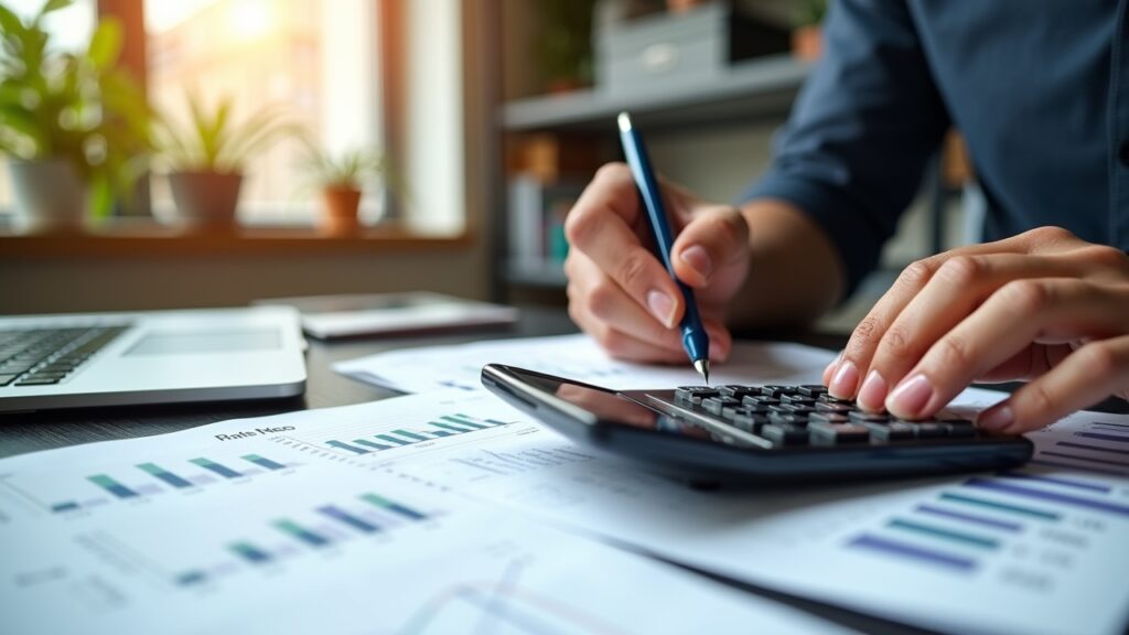 Person comparing interest rates on calculator