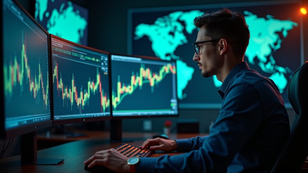 Person trading currencies on computer screen