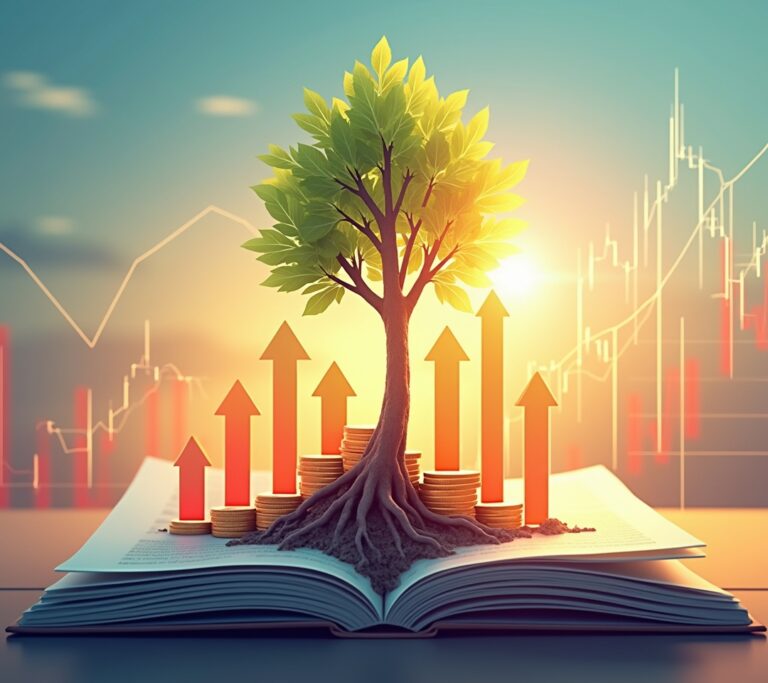 Rocket ship launching upward with stock symbols