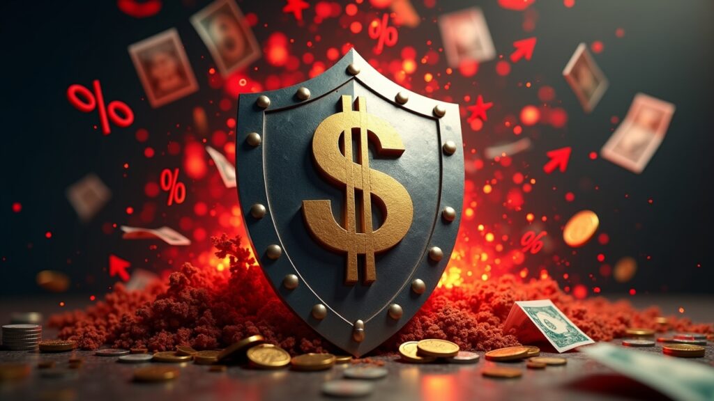 Shield protecting money from inflation symbols