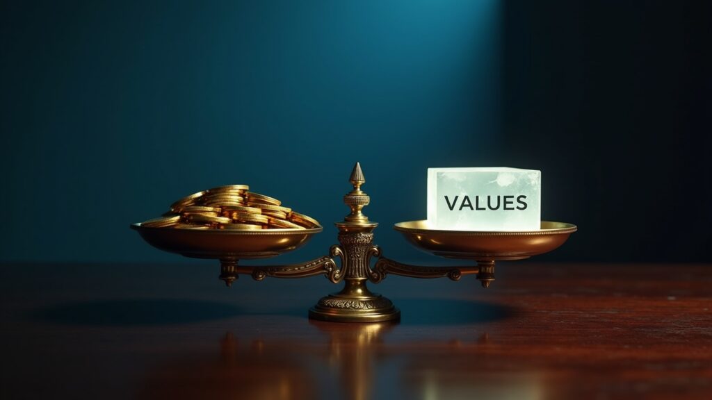 Balance scale with profits and values