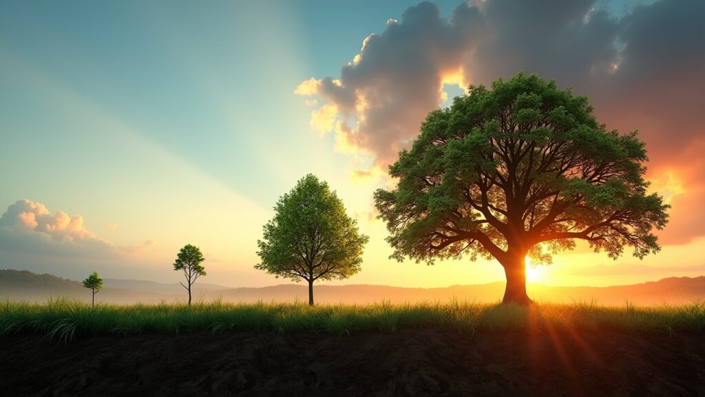 Seedling growing into large tree over time