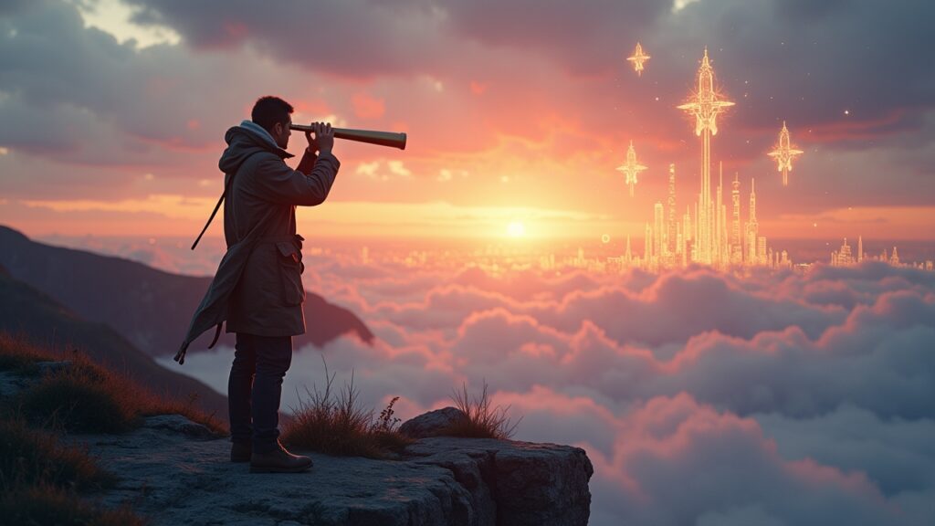 Person looking through telescope at future opportunities