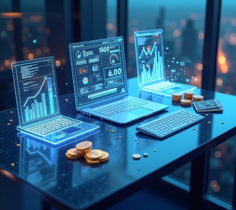 Calculator surrounded by investment symbols
